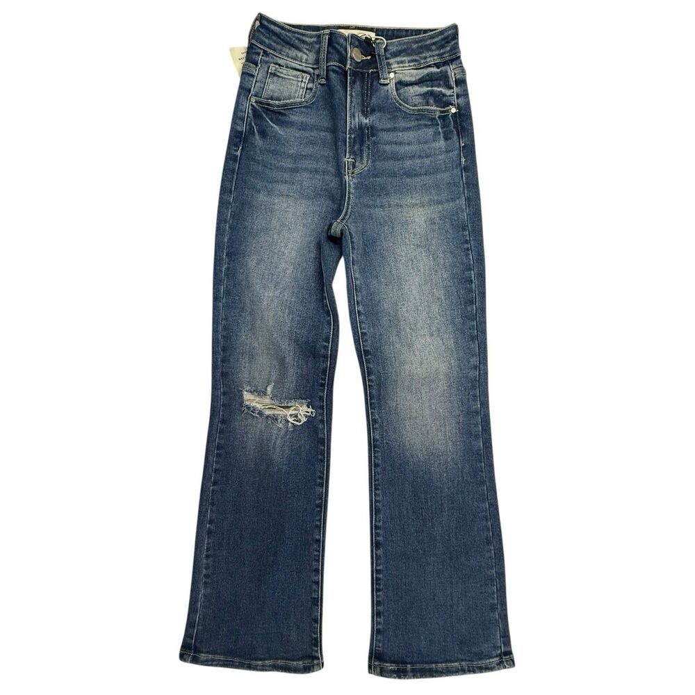RISEN NEW Millie Ankle Flare Denim Jeans Women 1/25 High Rise Factory Weathered